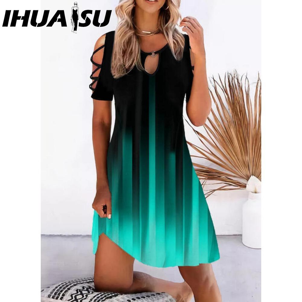 IHUASU 13 Farben Damen Kleid mit Blumenmuster Sommer Sexy Kurzarm O-Ausschnitt Mini Kleider Weiblich Vintage Elegantes Kleid