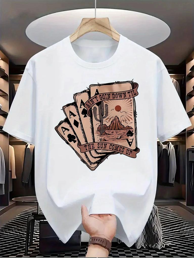 Men'S Casual Crew Neck T-Shirt with Playing Card Graphic,  Knit Fabric, Slight Stretch, Regular Fit, Summer Top for Daily Wear