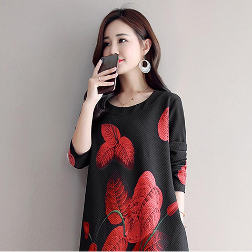 Fashion Casual Women Long sleeve Long Dress  Printed Loose Dress