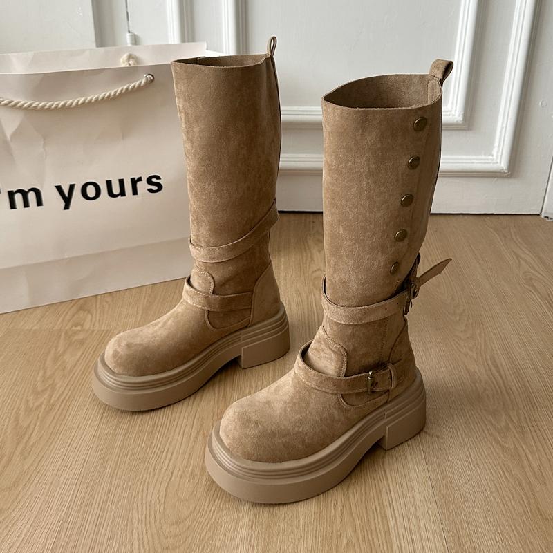 Winter Fashion Belt Buckle Knee High Boots Women Platform Heels Shoes Design Elegant Knight Long Boot