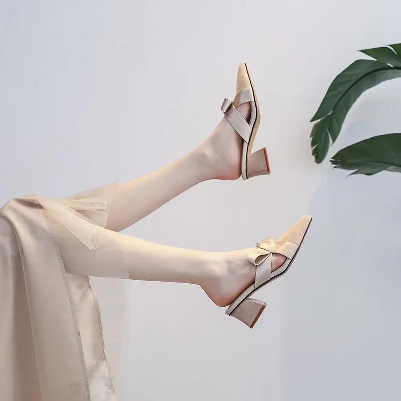 Fashion Slides Outside Shoes for Women Black Woman Slippers Pointed Toe Job Mules with Bow Heeled Sandals New Style Wholesale Trend B I