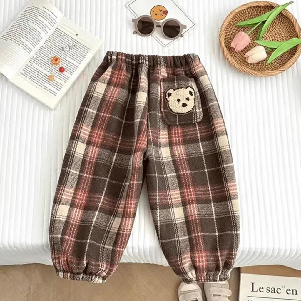 Kinder Karomuster Fleece Sweatpants - Warme Cartoon Applikation, Herbst/Winter, Jungen & Mädchen