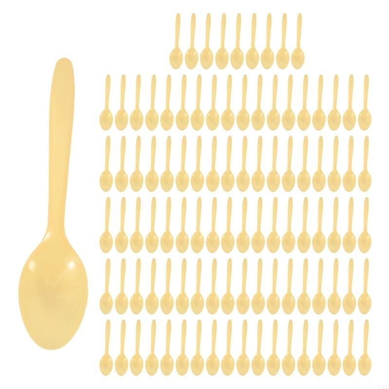 

100pcs Disposable Plastic Soup Spoons Clear Teaspoons for Birthdays and Picnics X3UC жёлтый