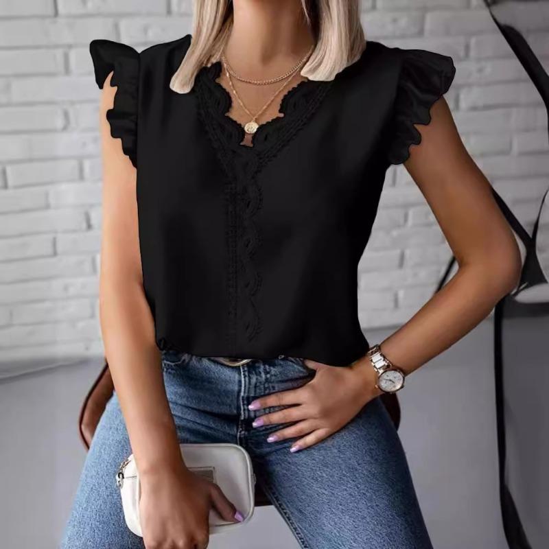 Summer Ruffled Simple V-neck Lace Patchwork Loose Shirt for Women Shirt
