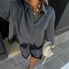 Women Lace Splicing Striped Long Sleeve Shirt And Drawstring Shorts Two Piece Set
