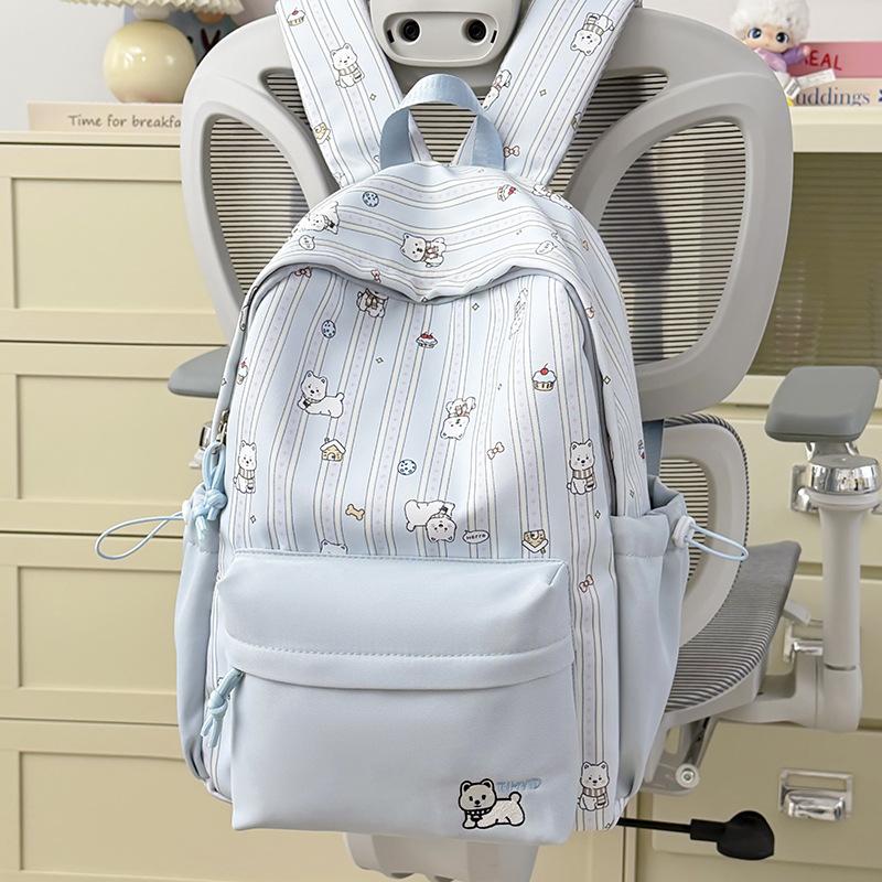 Schoolbag Female Japanese Small Fresh Sweet Printed Bear Striped Backpack Junior High School Student Lightweight Large Capacity Backpack
