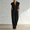 Women V Neck Short Sleeve Jumpsuit Casual Loose Fit Elastic Waist Full Length Romper with Pockets Zipper Front Design