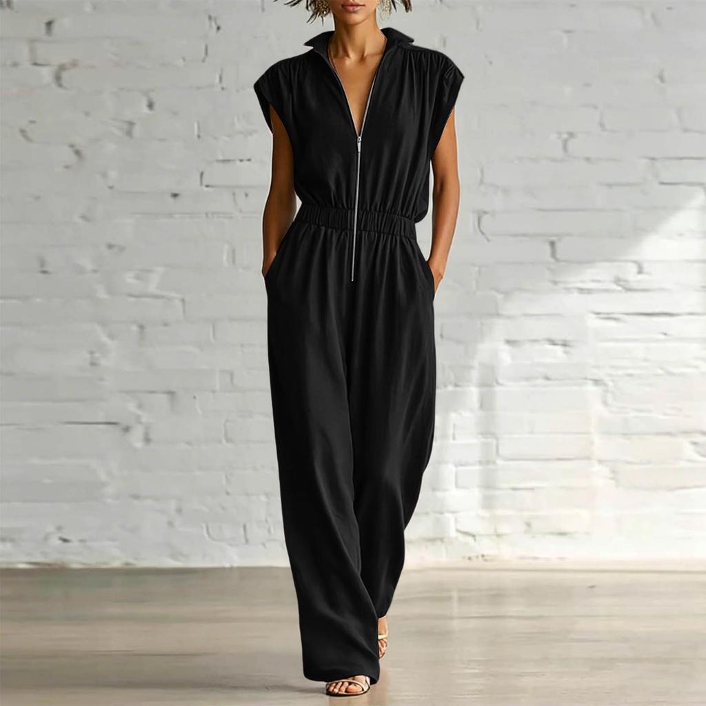 Women V Neck Short Sleeve Jumpsuit Casual Loose Fit Elastic Waist Full Length Romper with Pockets Zipper Front Design