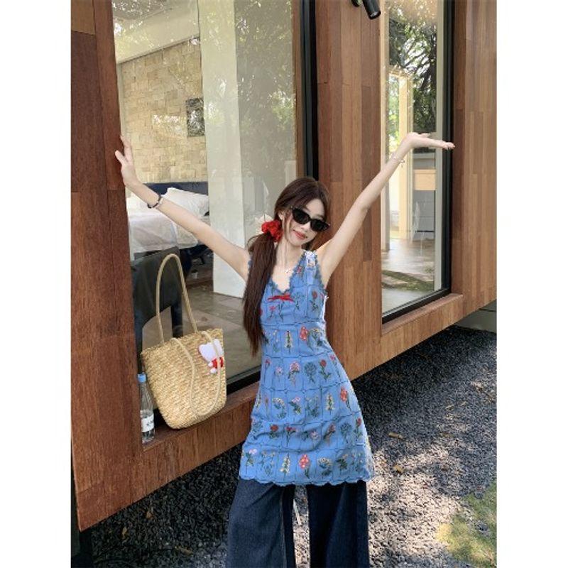 

Stylish Niche Style Flower Embroider Tank Dress Dress Women s Summer Unique Lace Patchwork Waist-Slimming Dress Skirt Capri Blue L