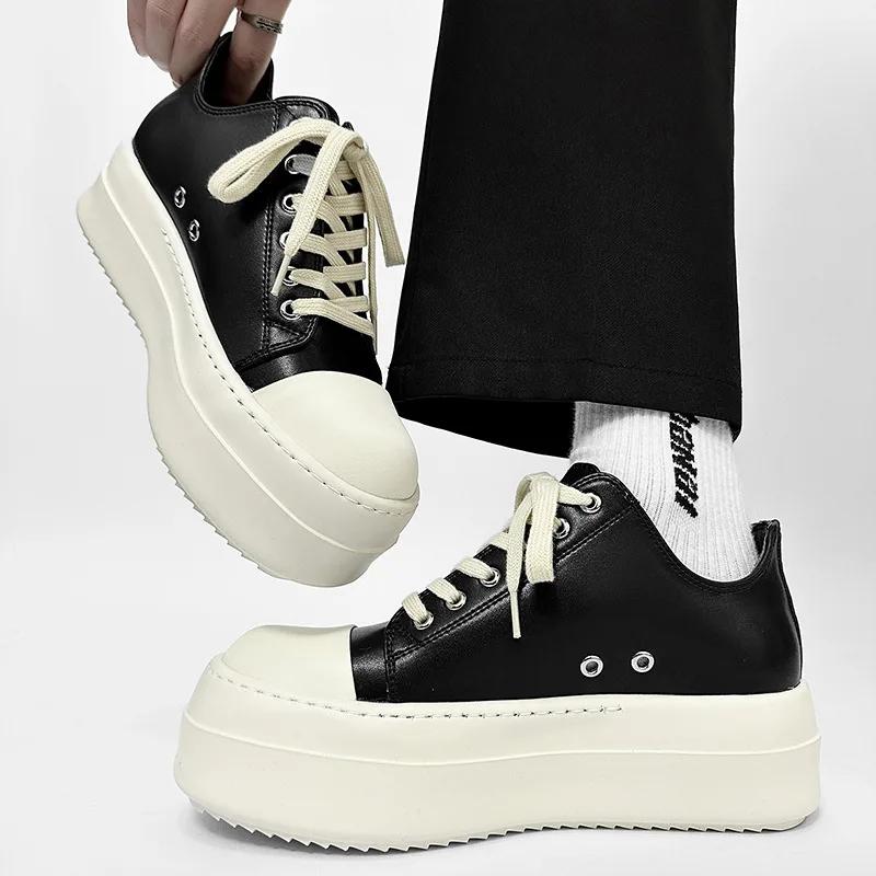 2025 Brand Men Platform Shoe Women Genuine Black Shoe Thick Sole 6 Cm Black r Lace-up Low-top High Quality Flat Sneaker