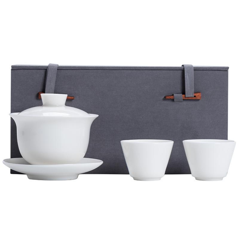 Hover Cover Bowl Suet Jade Porcelain White Porcelain High-end Three Talents Brewing Tea Bowl One Pot Two Cups Gift Box Light Luxury Boutique Tea Set