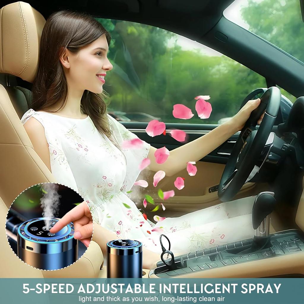 Smart Car Air Freshener, Auto-Sensing Atomization with Adjustable Concentration, USB Rechargeable, 5 Fragrance Modes for Long-Lasting