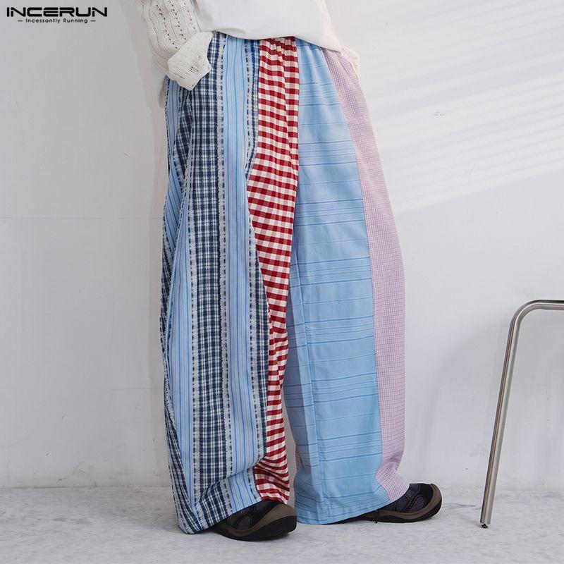 INCERUN Men's Patchwork Wide Leg Trousers Casual Loose Striped Plaid Pants Harajuku Streetwear Elastic Waist Bottoms
