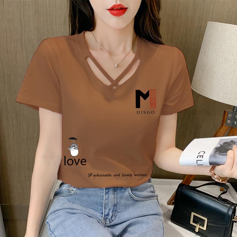 2025 Women's Korean Style V-Neck Short-Sleeve Solid Color T-Shirt