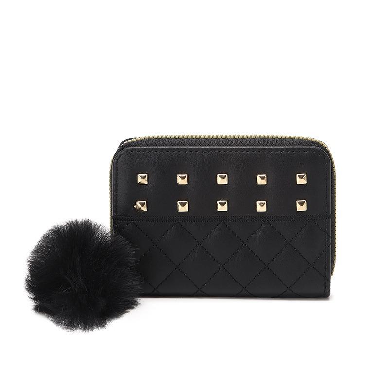 New fashionable women's wallet clutch bag, short change bag, diamond hairball decorative card bag, one piece.