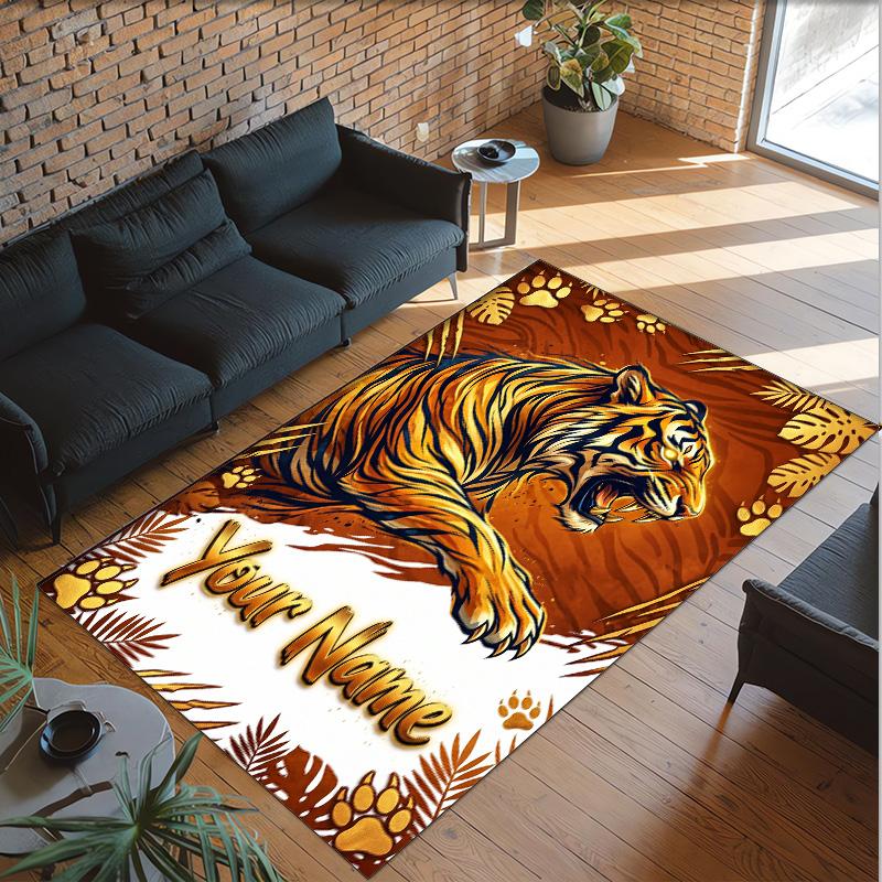 Lion Tiger Theme Crystal Velvet Rug Personalized Custom Name Text Soft Floor Mat Home Decor