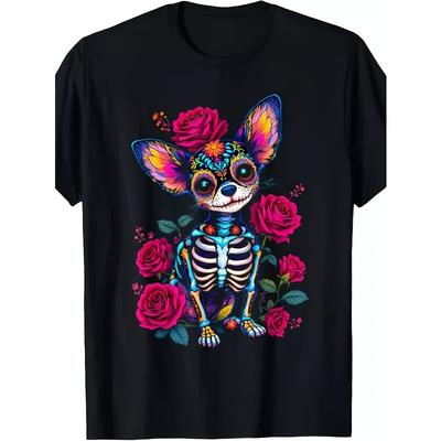 Europäische Größen Mexikanischer Zuckerschädel Chihuahua Dia De Los Muertos Halloween T-Shirt Gleicher Stil für Männer und Frauen