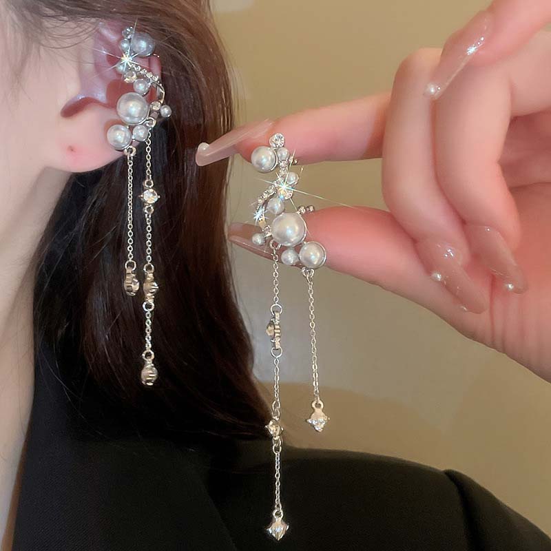 1 Pair Sliver Color Zircon Tassel Ear Clips for Women Fashion Liquid Metal Wing No Piercing Long Chain Ear Cuff Zircon 2025 New