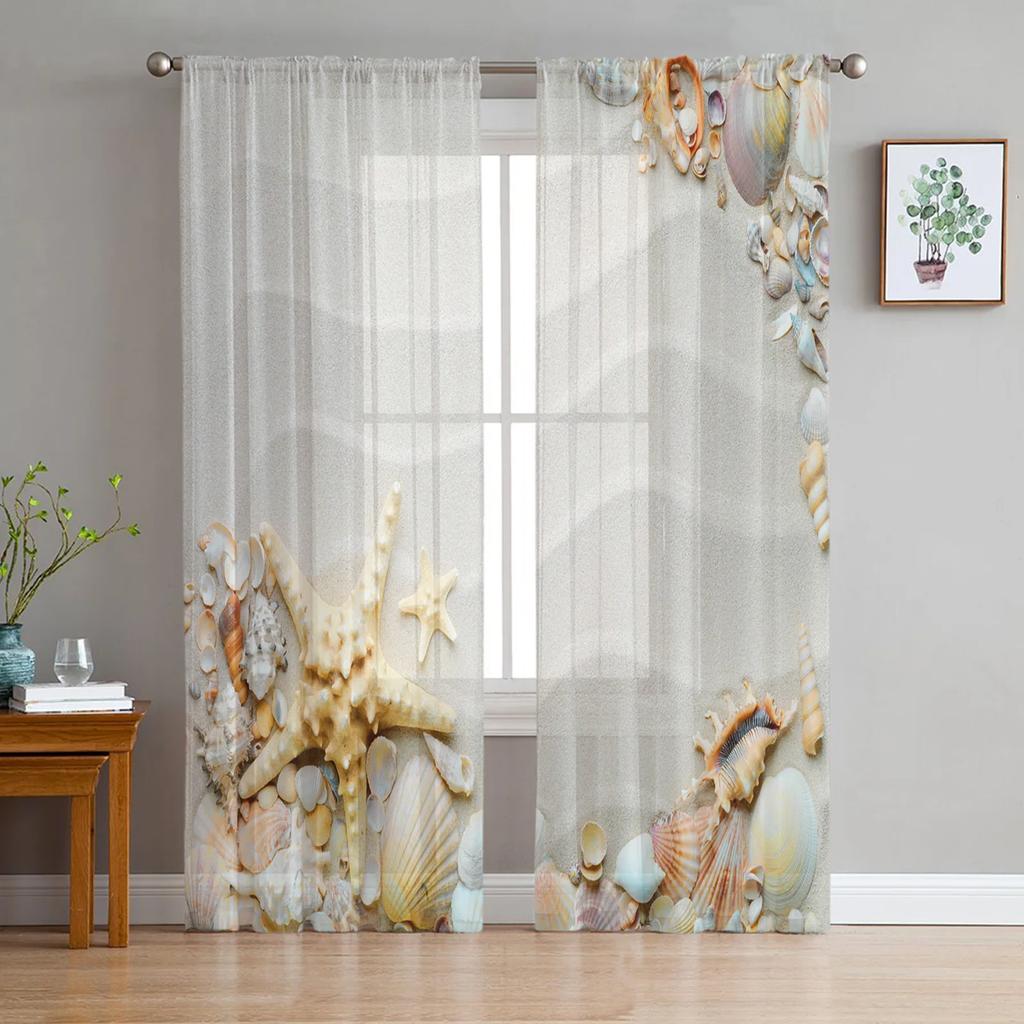 Beach Seashell Starfish Conch Curtain Living Room Bedroom Voile Drape Kitchen Window Tulle Curtains Home Essentials Sheer Polyester Great Decor