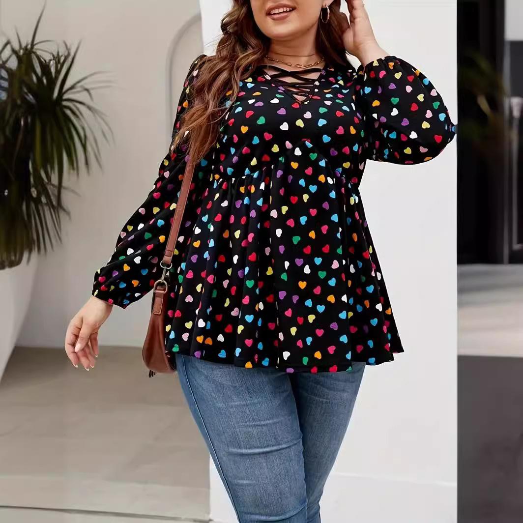 

Летняя женская блузка больших размеров с красочным узором в форме сердца с рюшами и длинными рукавами 4XL чёрный