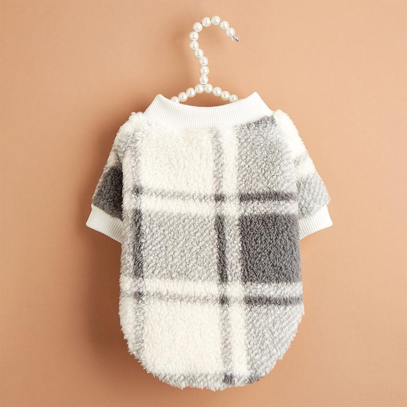 Pet Clothes Small Medium Dog Autumn And Winter Plush Hoodie Gray Plaid Costume Kitten Round Neck Clothes Comfortable Sweatshirt