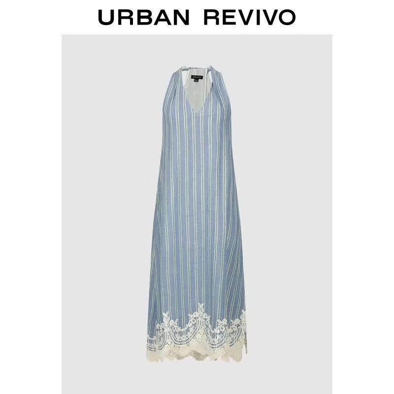 UR2026 Women s Striped Lace V-neck Casual Dress M