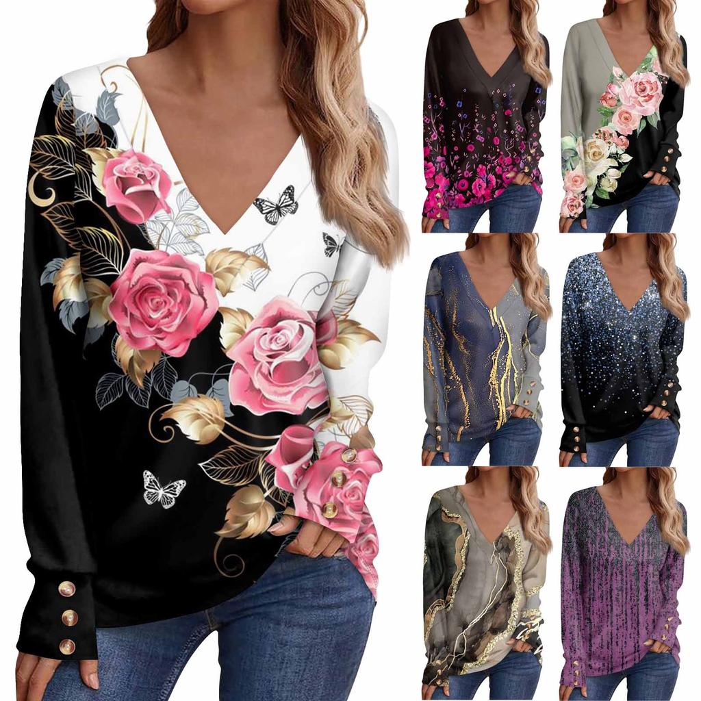 T-shirt Top a Manica Lunga da Donna Casual con Scollo a V, Stampa, Bottoni Decorativi, Top per Donna, Top e Bluse da Donna, Top Eleganti