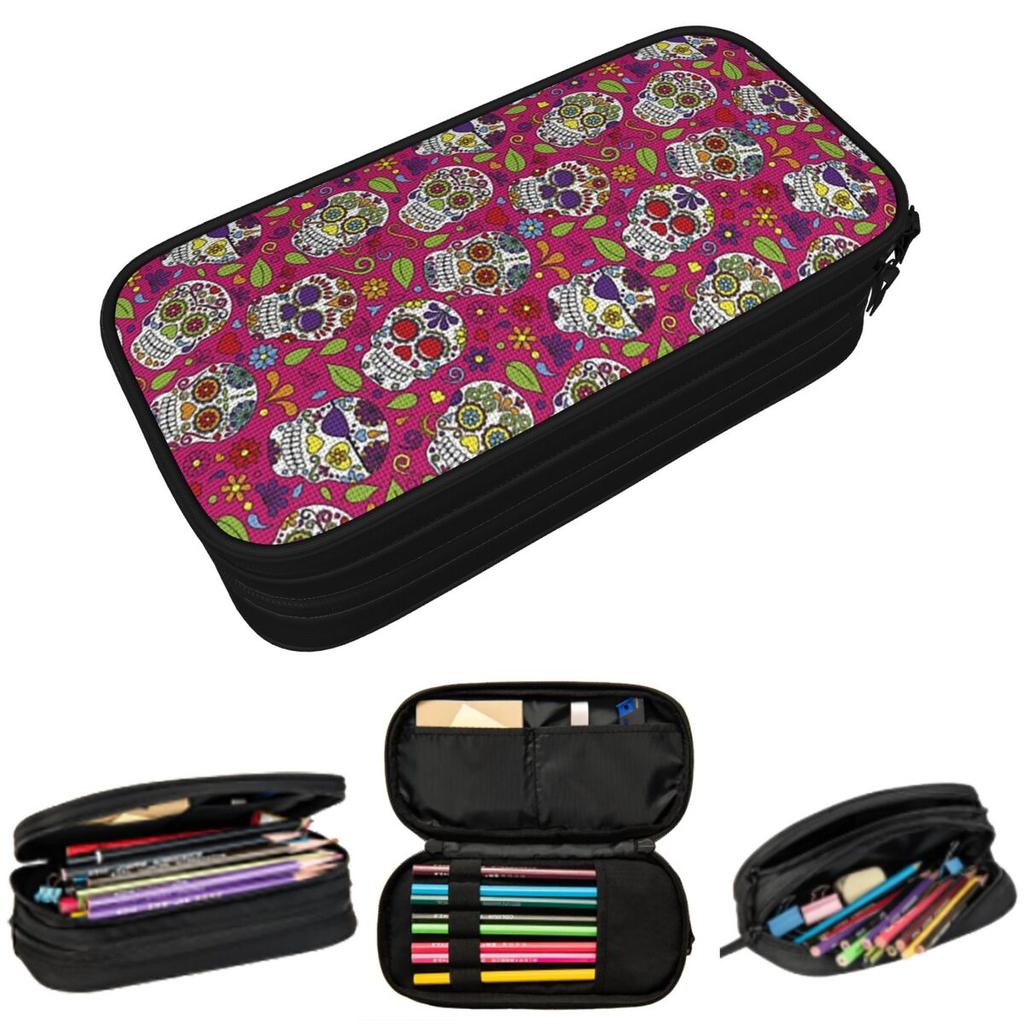 Sugar Skull Mexican Flower Halloween Day Of The Dead Pencil Case Students School Pen Box Pencil Bag Stationery Pen Holder Bag