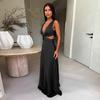 Deep V-neck Hollow Long Dress Sleeveless Slit Beach Vacation Dress Solid Color High Waist Dress
