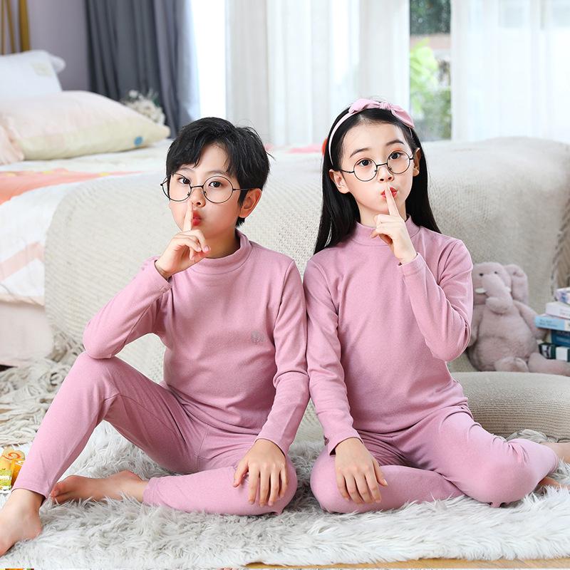 Children's Brushed Collar Underwear Set - Boys and Girls Warm Solid Color Autumn/Winter Pajamas