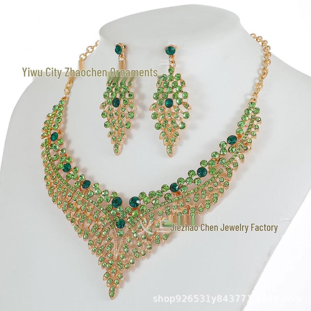 Alloy Clavicle Chain Crystal Gem Necklace & Earring Set - European & American Retro Evening Party Accessories
