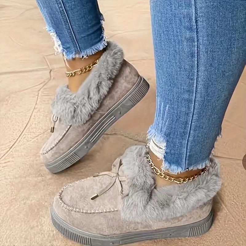 2025 Winter Women's Cotton-Lined Boots with Bow Detail Warm Flat-Soled Oversized Fleece-Lined Boots Women's Snow Boots