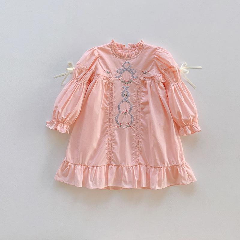 Girls Spring Cotton Princess Dress With Embroidered Lace Puff Sleeves Elegant Kids Party Gown For Little And Big Girls