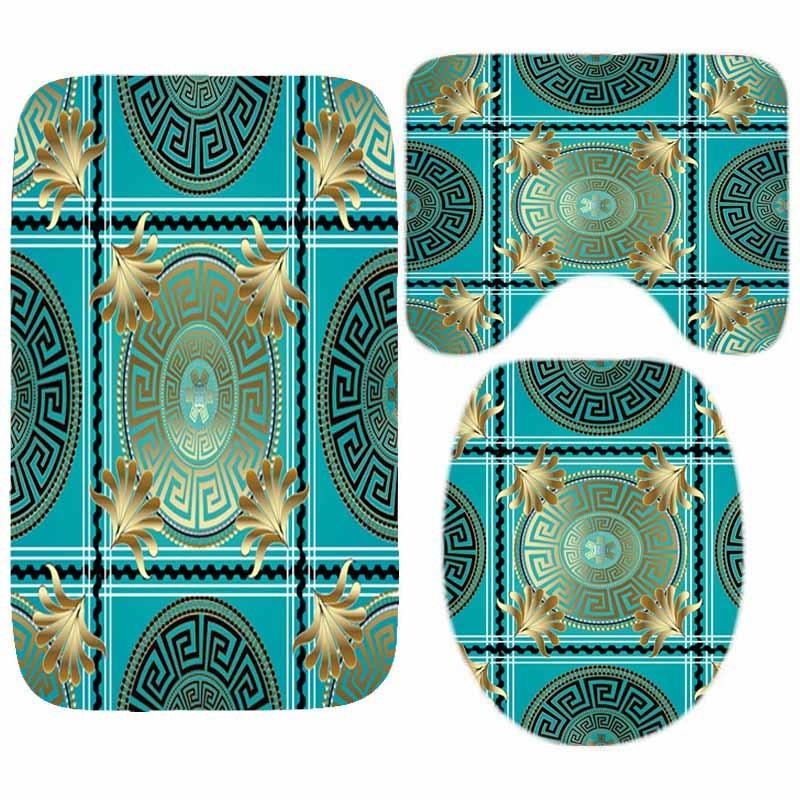 Luxury Black Gold Greek Key Meander Border Bath Rug Set Modern Geometric Ornate Bathroom Door Mat for Toilet Floor Carpet Decor