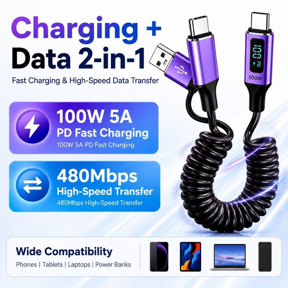 Data Transfer Digital Display Cord 100W Fast Charging Charging Line Laptop Charging