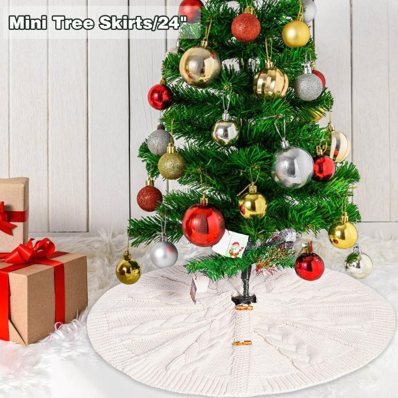 White Knitting Christmas Tree Skirts Tree Base Cover 61/92cm Diameter with Button Fastening Holiday Room Decorations