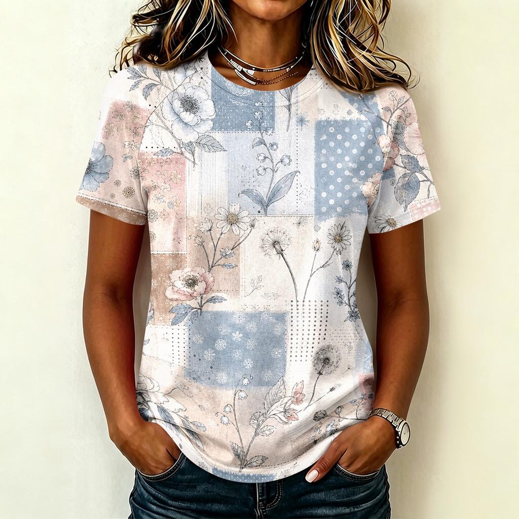 Women's Casual Raglan Sleeve Floral Print Short Sleeve Top Round Neck Lightweight Blouse Soft Fabric Relaxed Fit Summer Shirt