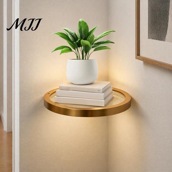 Luxury Metal Wall Organizer Floating Shelf with LED Light, Modern Gold Display Rack Shelves Led Lights for Plants Book, Space Saving Mounted
