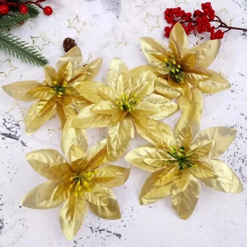 60/5PCS Red Christmas Flowers with Clips Artificial Large Christmas Flower Floral Xmas Tree Ornament New Year Party Decoration