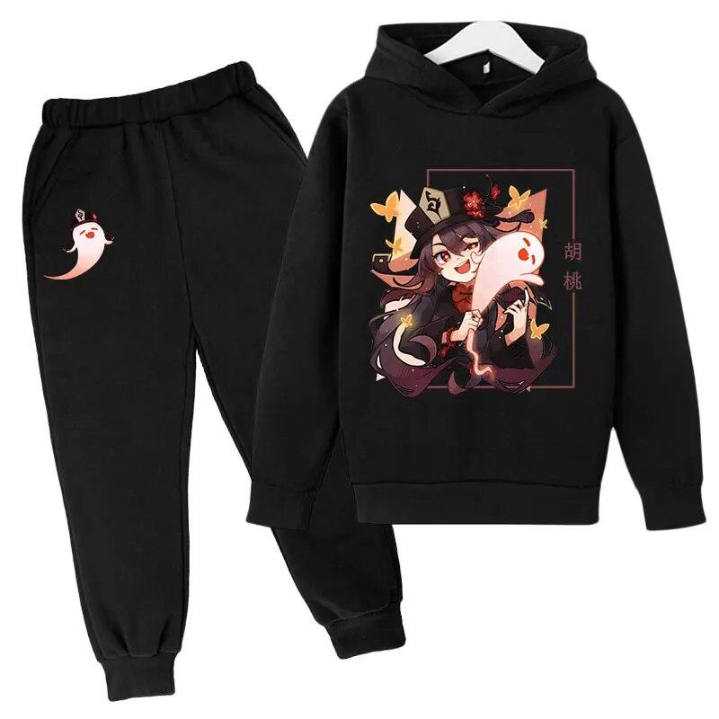 Anime Game Genshin Impact Printed Boys Girls Tracksuit Sets HuTao Pattern Hoodie + Pants 2pcs Sets Fashion Casual Unisex Clothing Children's Set