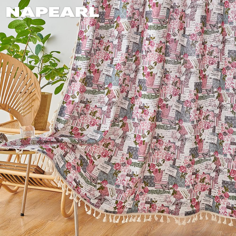 1PC NAPEARL Semi Blackout French Romantic Retro Curtains Pink Rose Printed Tassel Curtains for Small Windows Balcony Bedroom Living Room Home Decor