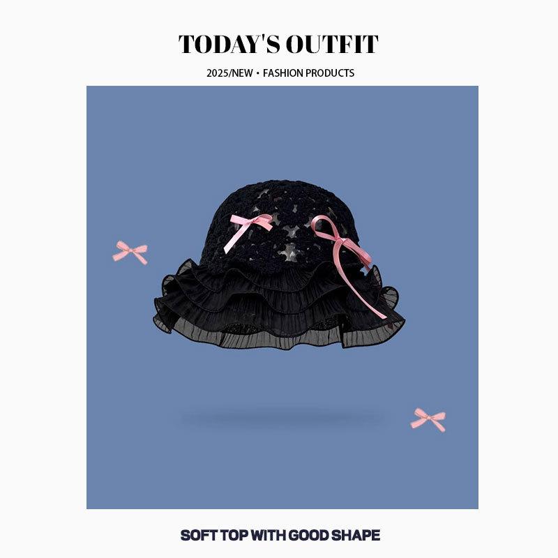 

Японская милая ручной вязки шляпа-рыбачка с бантом и кружевом, женская летняя литературная ретро ажурная вязаная шляпа-горшок One size