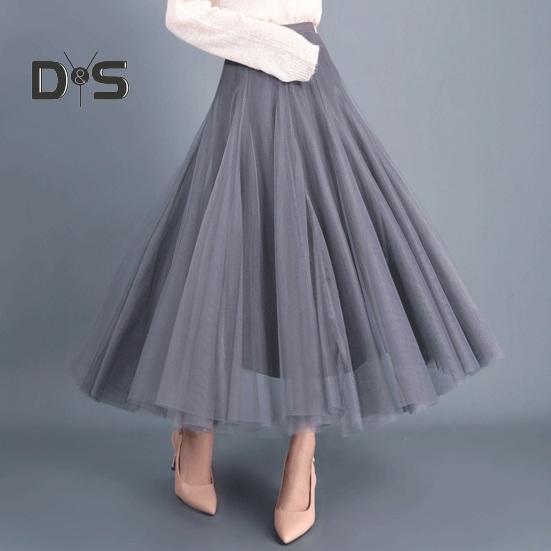 Women Midi Skirt Elastic High Waist Long Skirt with Solid Mesh Hem Solid Color A-Line Skirt Daily Wear