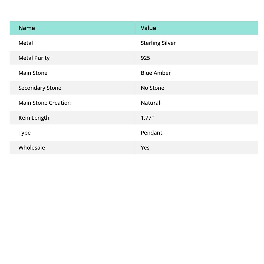 Blue Amber Gemstone Handmade 925 Sterling Silver Jewelry Pendant 1.77" G2i13