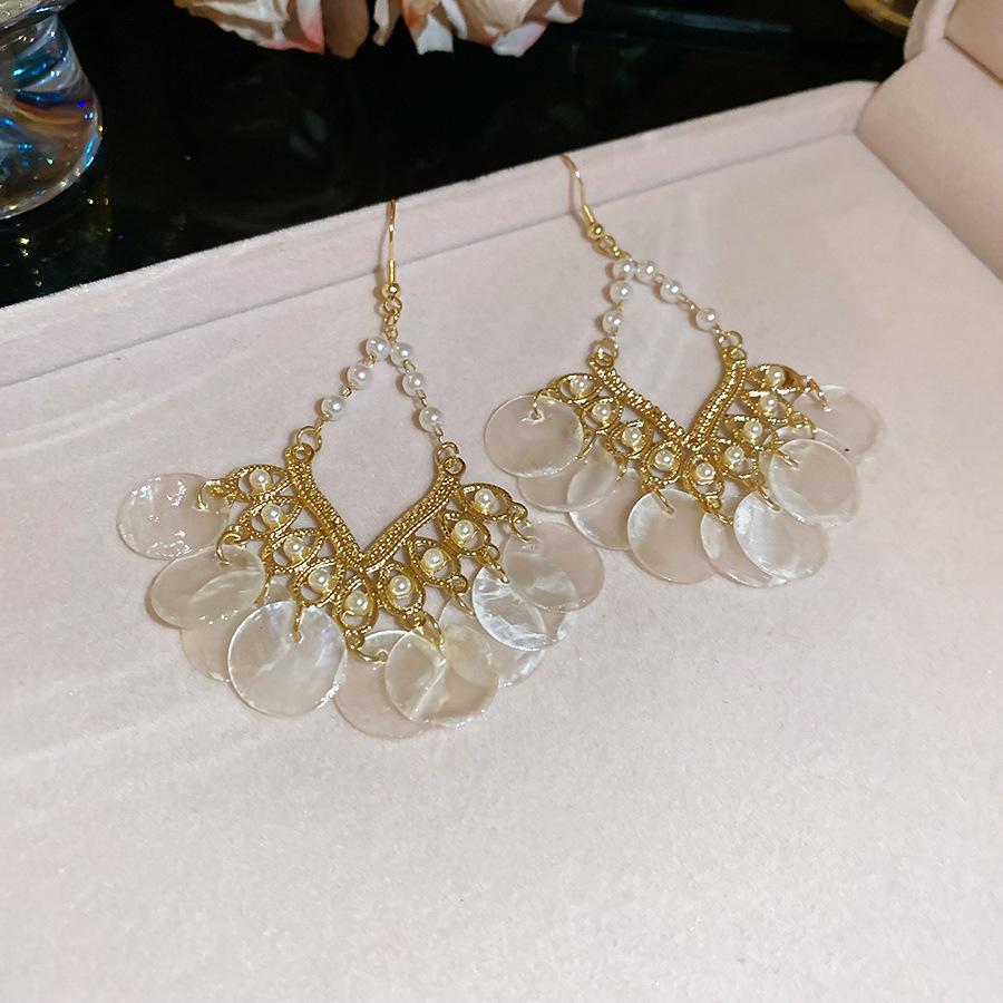 Seaside vacation style flower shell fringed long earrings stud earrings women's earrings design sense