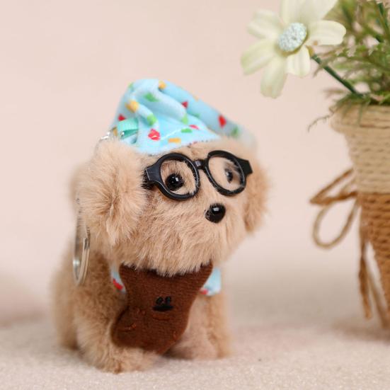 Sleeping Glasses Dog Plush Keychain Cute Puppy Backpack Charm with Wizard Hat & Bib Soft PP Cotton Stuffed Doll Gift for Dog Lovers