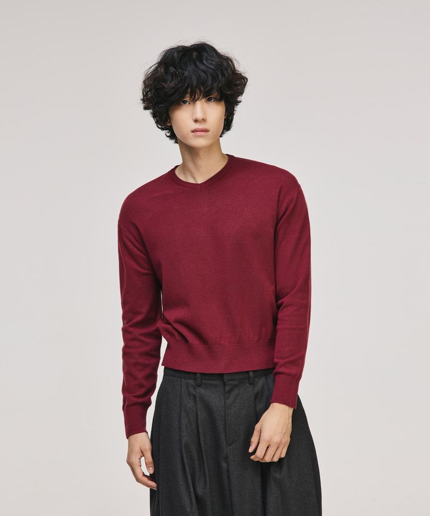 SIGNATURE Crop V-Neck Knit [Wine]