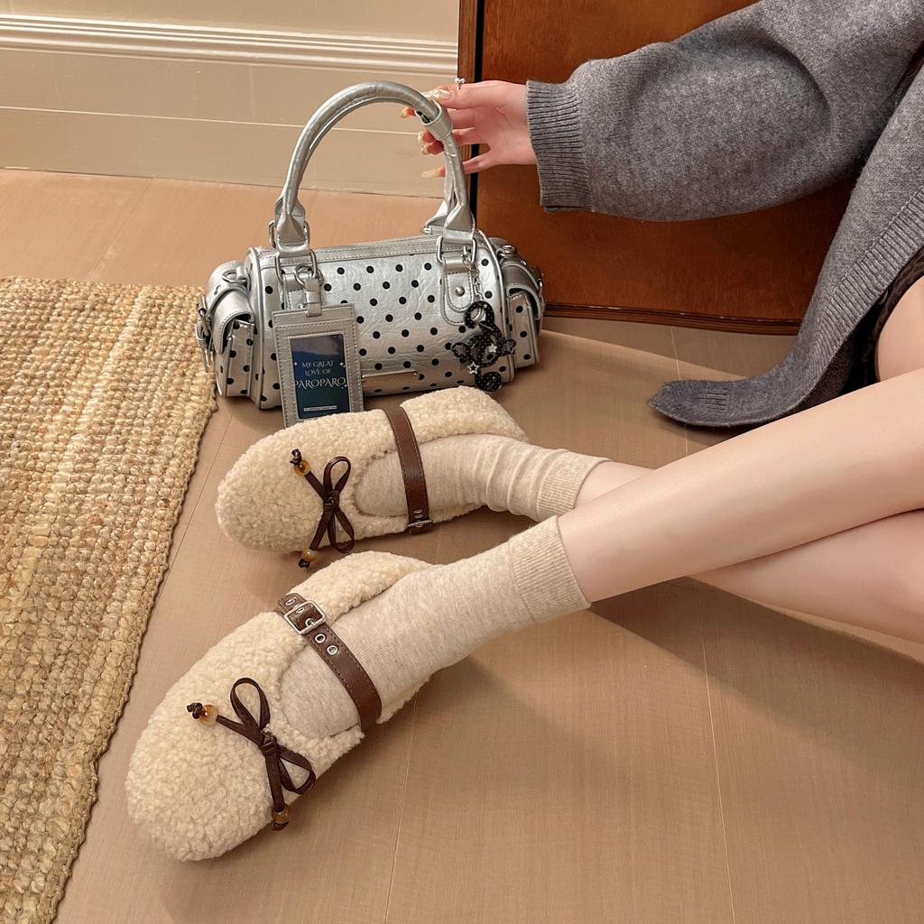 Large size retro fluffy shoes autumn and winter new velvet warm cotton shoes light mouth bow Mary Jane single shoes