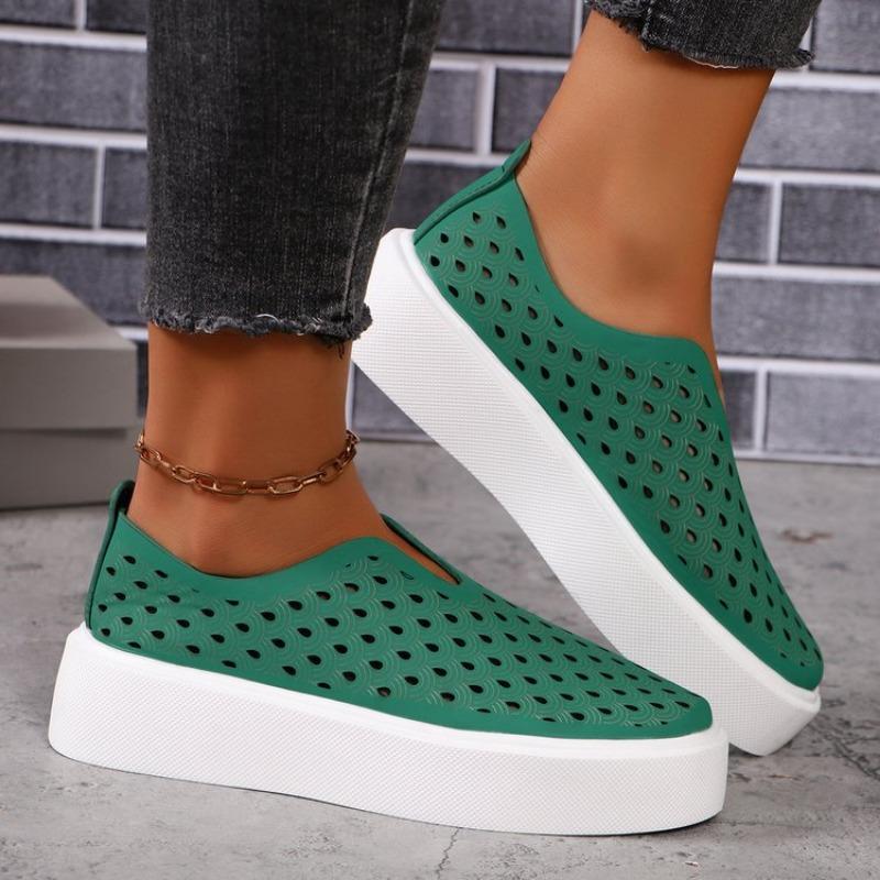 Thick Soled Hollow Breathable Low Top Single Shoe for Women, V-mouth Sponge Cake Set Foot Board Shoes