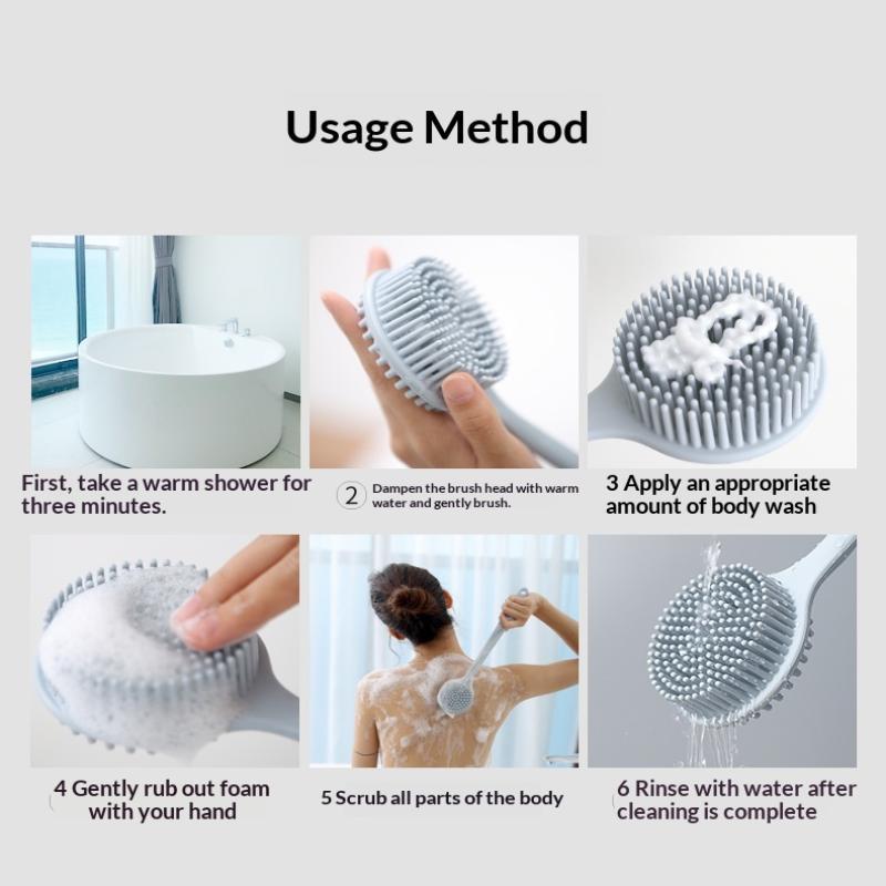 Long Handle Silicone Bath Brush Soft Exfoliating Bristles Easy Reach Back Hanging Hole for Home Bathroom Shower Skin Care